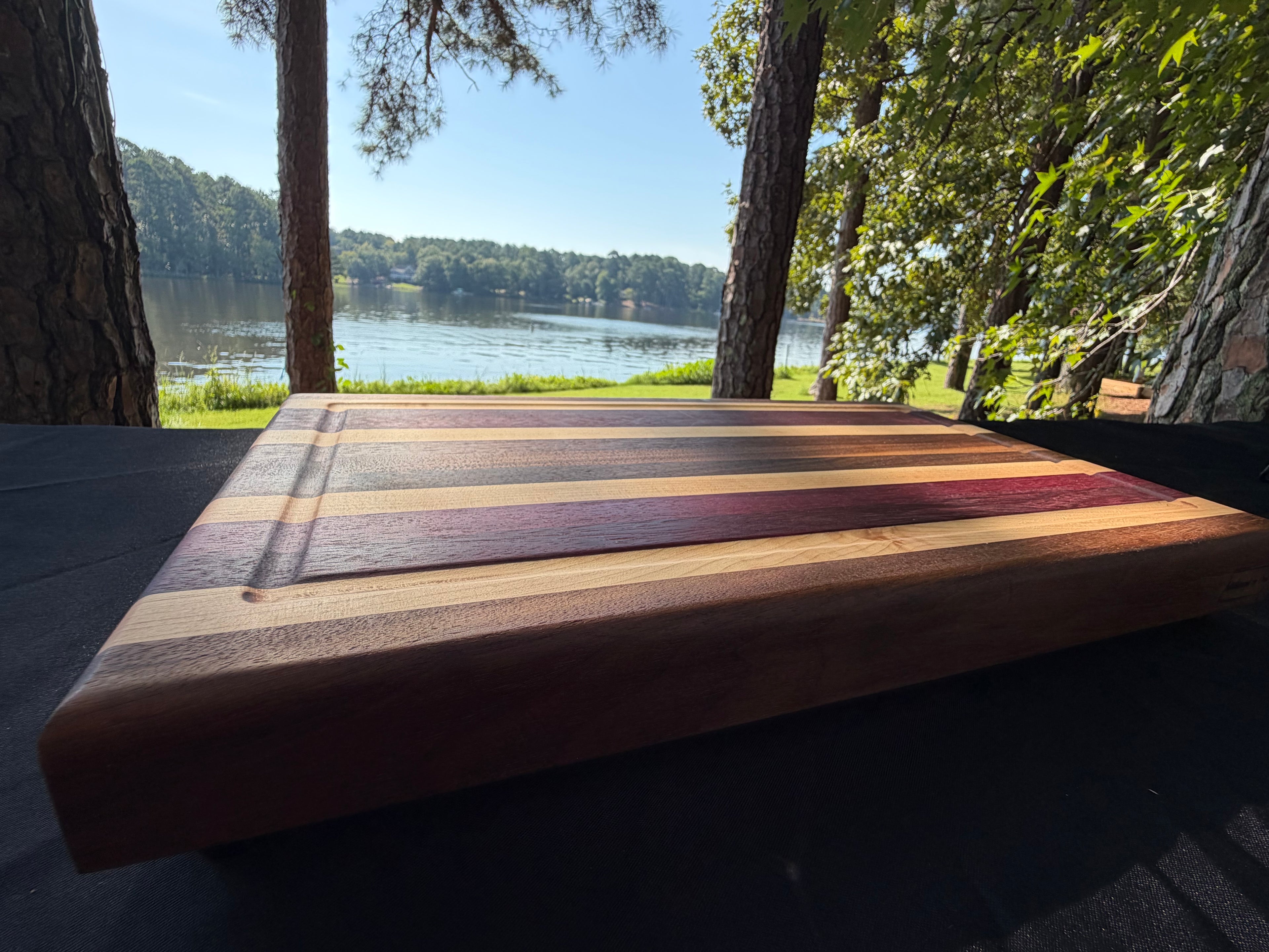 Walnut, Maple & Purple Heart Edge Grain Cutting Board with Juice Groove & Rubber Feet