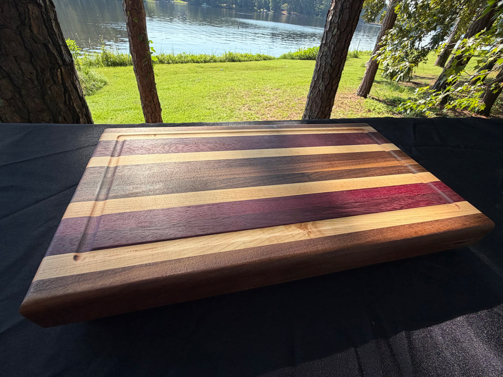 Walnut, Maple & Purple Heart Edge Grain Cutting Board with Juice Groove & Rubber Feet