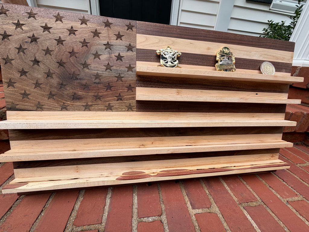 American Flag Walnut & Maple Military Challenge Coin Display Board