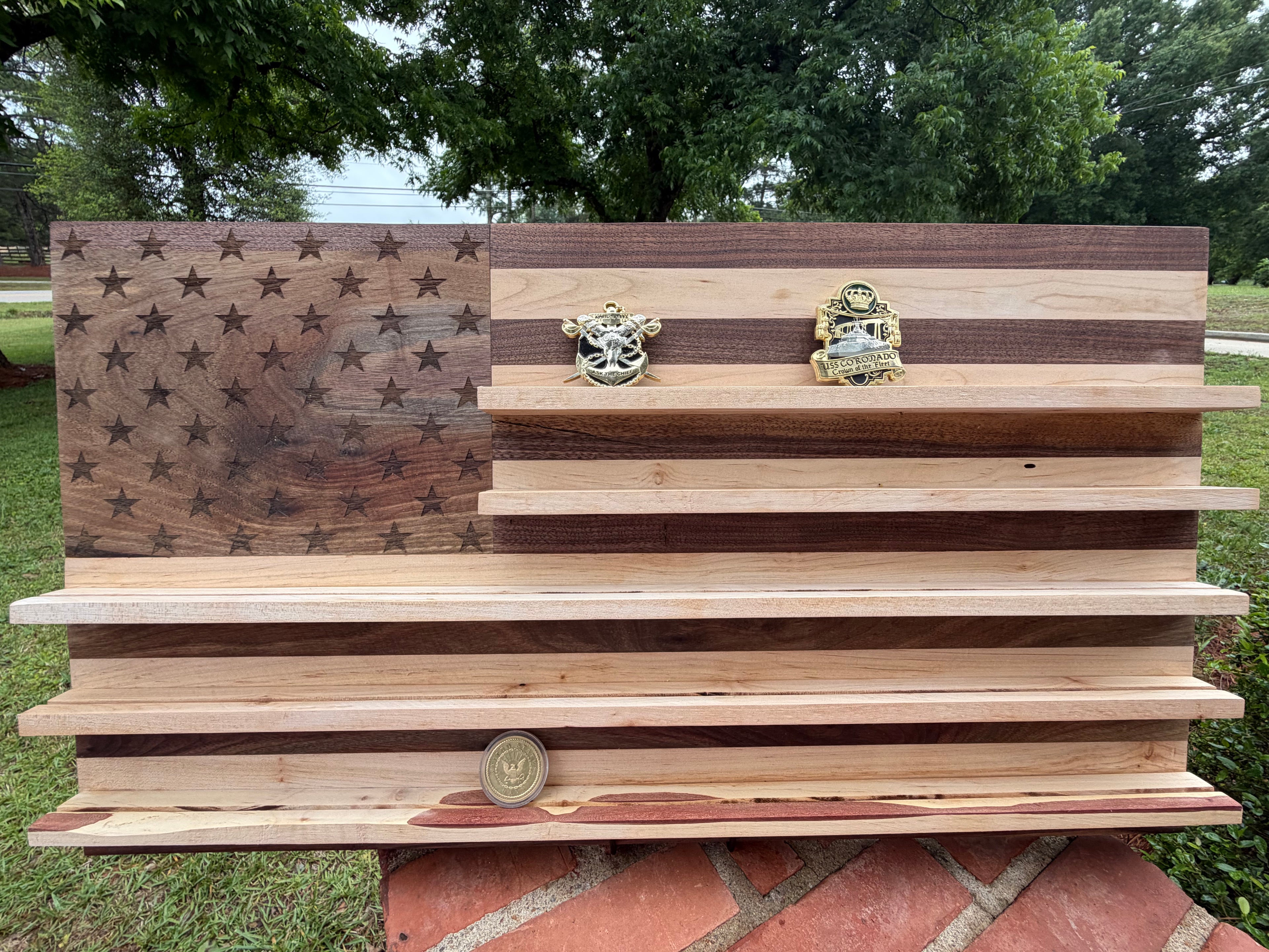 American Flag Walnut & Maple Military Challenge Coin Display Board